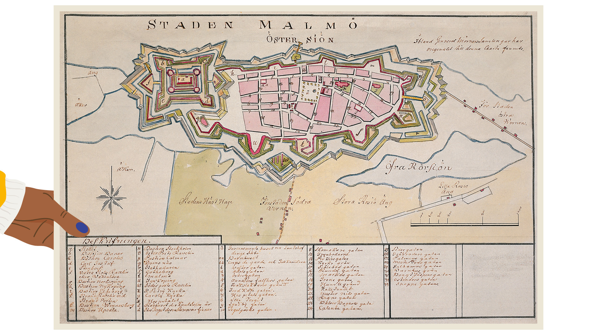 En historisk karta över Malmö, med detaljerade illustrationer av stadens befästningar och stadsplanering. Kartan är prydd med handskriven text och en dekorativ kompassros. En hand pekar mot kartan för att betona detaljer.