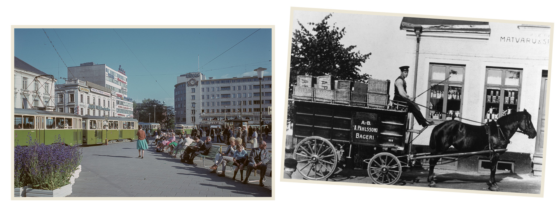 Två bilder i samma foto: En färgglad bild av Malmös stadsliv på 1950-talet, med människor som sitter på bänkar och spårvagnar i grön färg längs stadens gator. Höga byggnader och reklamskyltar syns i bakgrunden.  En historisk bild av en hästdroska från A.B. Pahlssons Bageri. Vagnen är fylld med varor, och en kusk sitter på vagnen framför en butik med tydlig skyltning.