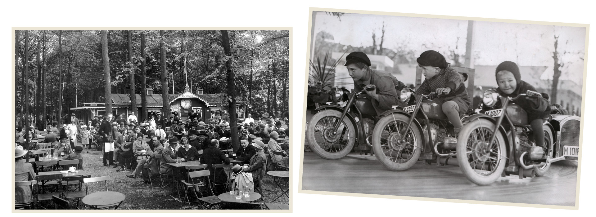 Två foton i samma bild. Bild 1: Till vänster syns en historisk bild av människor som njuter av utomhusservering vid Far i Hatten i Folkets Park. Bild 2: barn som kör på mini-motorcyklar på en nöjesattraktion.