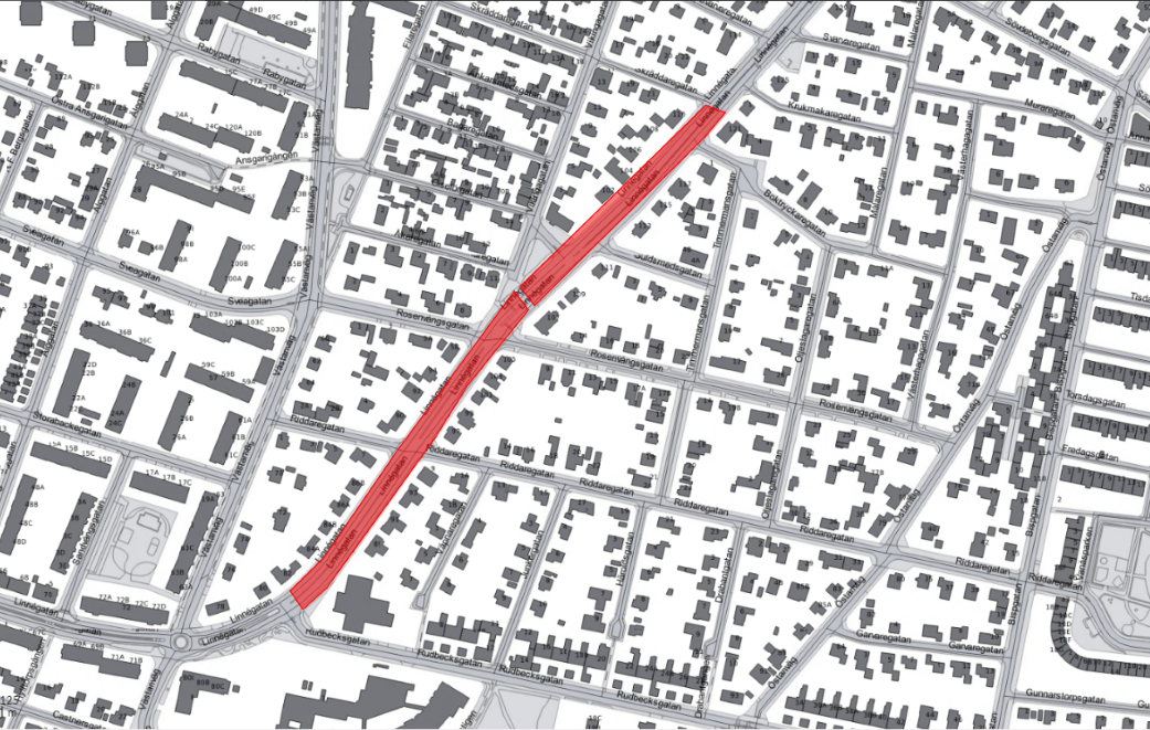 Kartbild visar arbetsområdet längs Linnégatan mellan Rudbecksgatan och Skräddaregatan.