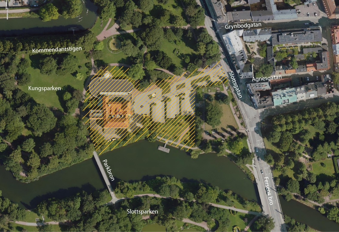 Skaffering över flygbild som visar tävlingsområdet vid Konstmuseet