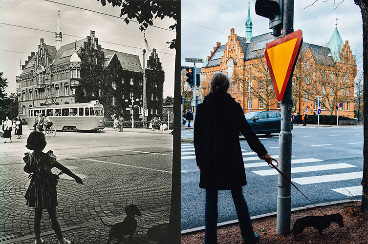 En jämförelse av Slottet 1959 och 2017, sett från korsningen Regementsgatan/Fersens väg.