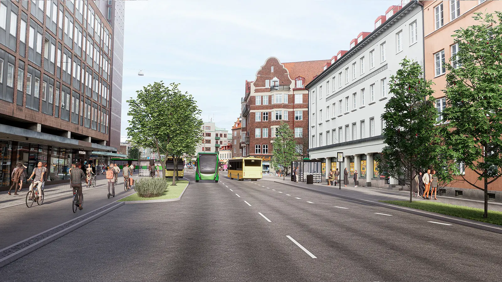 Visionsbild föreställande hur Sallerupsvägen kommer se ut när vi är klara med ombyggnationen 2025. På bilden är det breda cykelbanor, en väg som är anpassad för busstrafik. Det är också fler träd på sidorna om vägen.