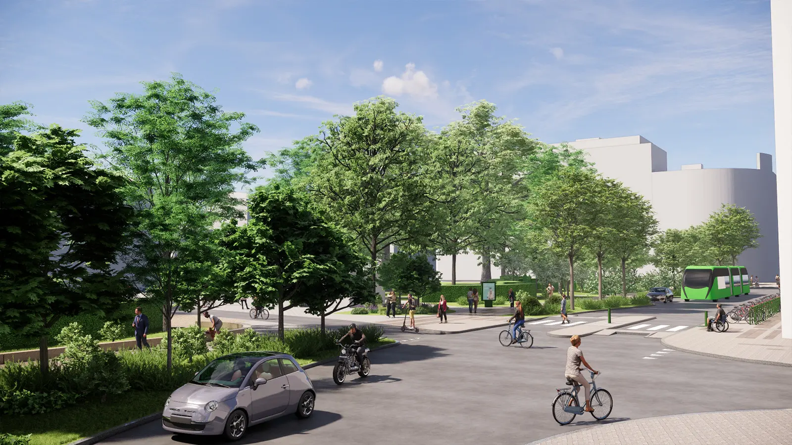 Visionsbild föreställande hur Lilla Nygatan kommer se ut när vi är klara med ombyggnationen 2025. Gatan är numera en bussgata och Raoul Wallenbergs park är större och grönare. Det är dessutom lättare att cykla. I bilden syns Malmöbor som reser på olika sätt, - med bussar, i bilar, på cyklar, mopeder och till fots.