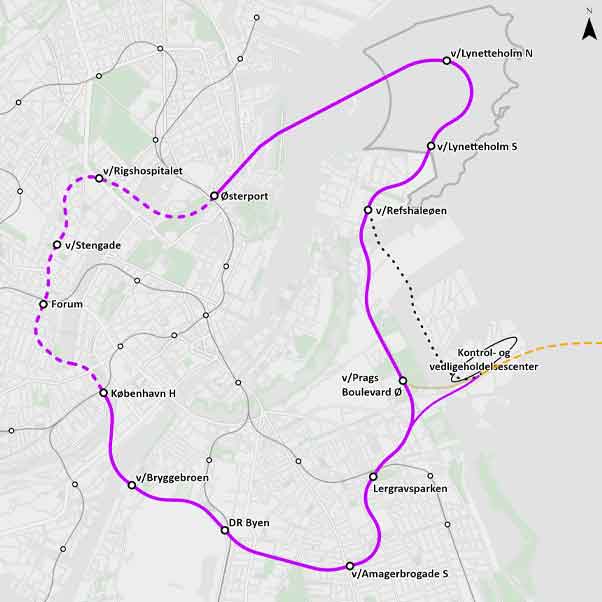 Kartan anger M5:s linjedragning i Köpenhamn