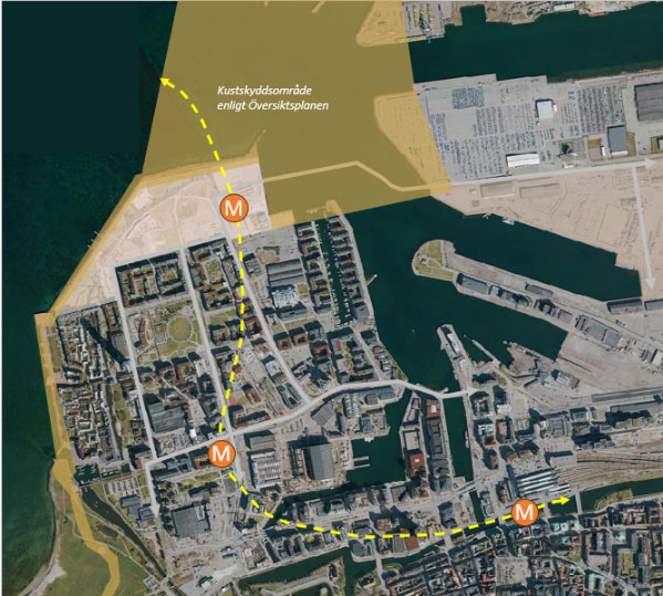 Kartan visar de planerade metrostationerna i Västra hamnen fram till Malmö C.