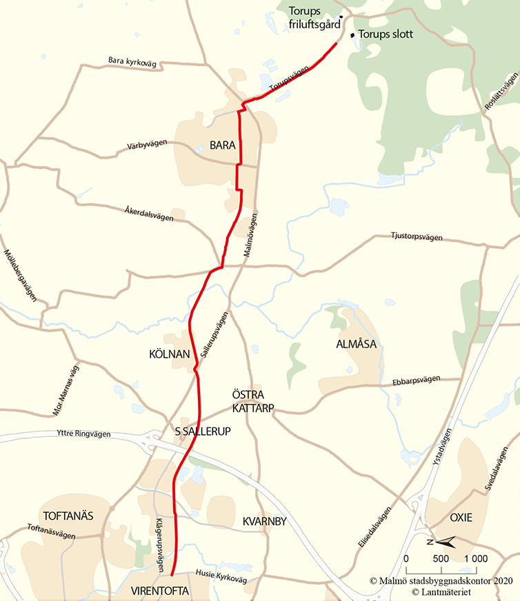 Karta som visar cykelvägen till Bokskogen från Malmö. 