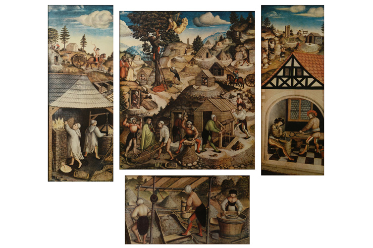 Tre äldre målningar som föreställer detaljerade bilder av silverbrytning i äldre tid. 
