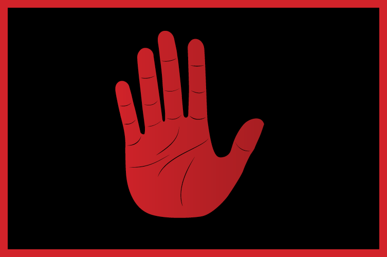Grafisk bild med svart bakgrund som visar en hand som gör stopptecken i rött.