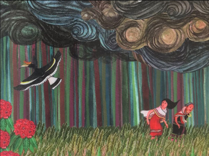 Målning av två kvinnor som springer i en skog och tittar på en fågel.