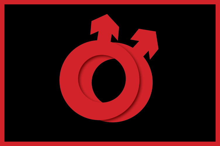Grafisk bild med svart bakgrund som visar två korsade mans-symboler i rött.