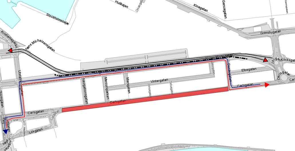 Bild visar arbetsområdet samt omledning av trafik på Carlsgatan etapp 1.