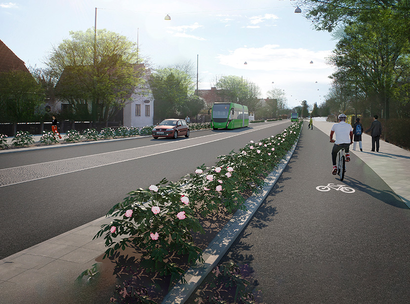 Illustration över framtida Erikslustvägen, som kommer ha dubbelriktad cykelbana på västra sidan och separata busskörfält för MalmöExpressen linje 4. Nya, friska rosor planteras för att bevara gatans karaktär.