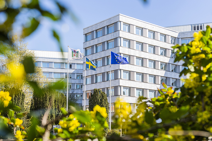 Malmö stads flagga, Sveriges flagga och Europeiska unionens flagga fladdrar utanför stadshuset.