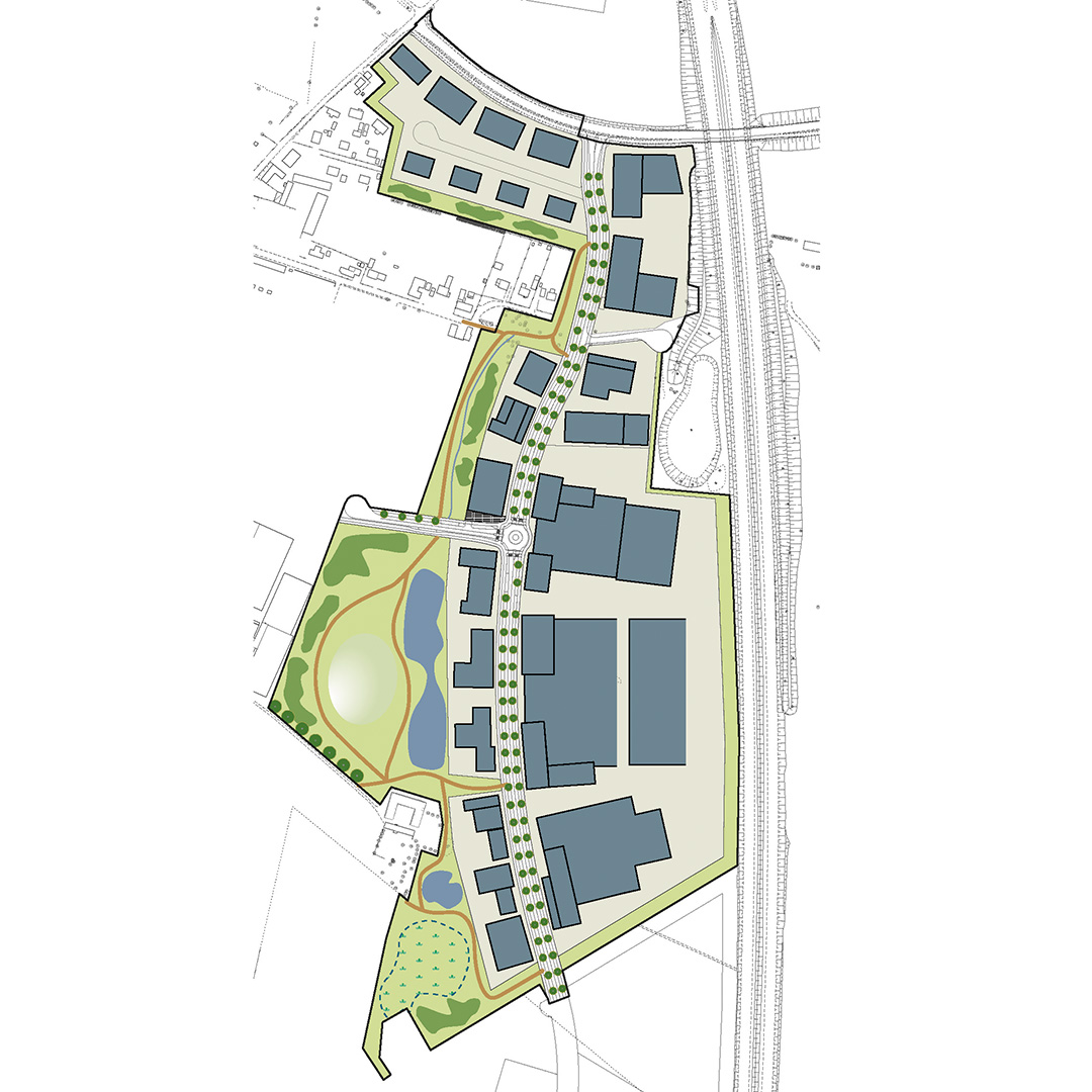 Planillustration som visar ett exempel på möjlig bebyggelse samt gata och park i Fortuna verksamhetsområdes norra del.