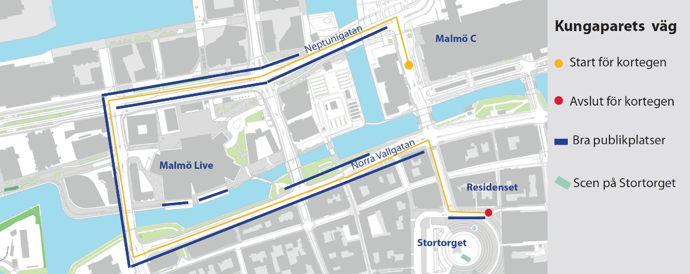 Kartan visar kortegevägen och bra publikplatser