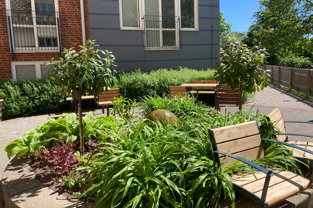 På den soliga innergården finns det sittplatser där man kan njuta av grönskan och den porlande fontänen.