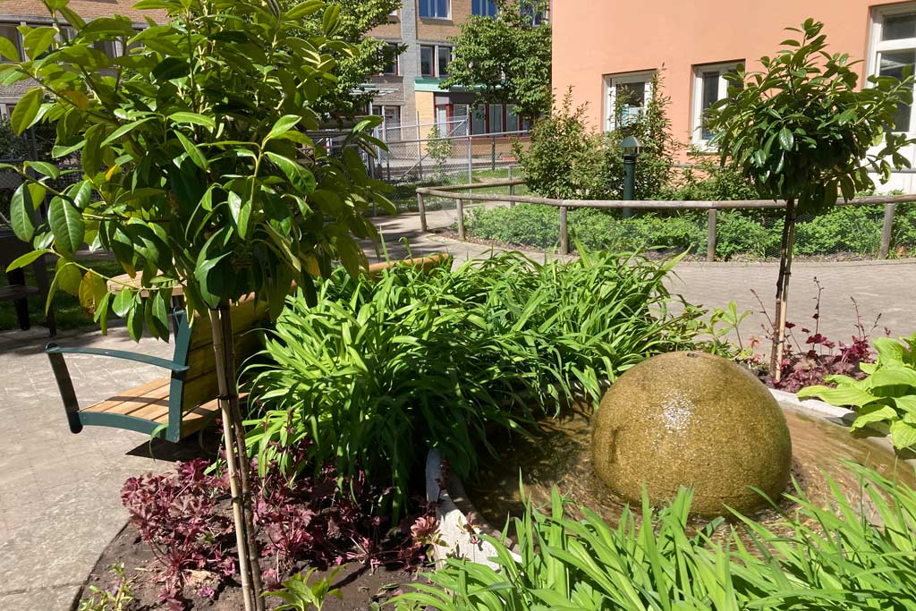 På innergården omringas den porlande fontänen av växter och träd.