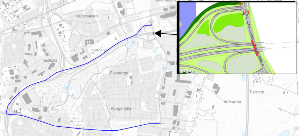 Bilden visar en karta där Toftanäsvägen är avstängd i sydlig riktning vid bro 69 över väg 11. Hänvisning görs till skyltad omledningsväg.