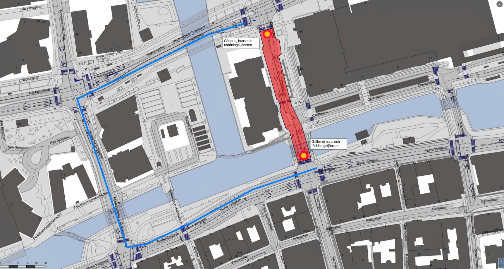 bilden visar en karta med avstängt arbetsområde på Skeppsbron och Mälarbron. trafiken leds om via Suellsbron, Nordensköldsgatan och Norra Vallgatan. Buss och räddningstjänsten påverkas inte.