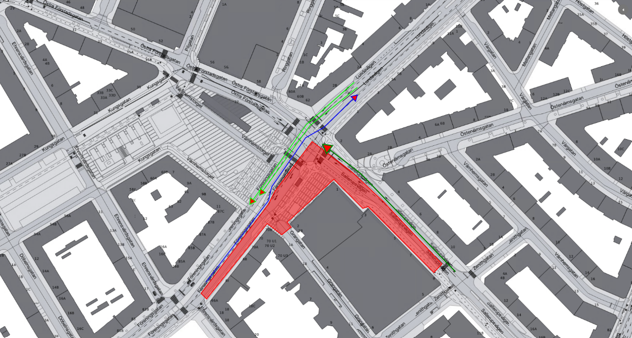 Bilden visar en karta med begränsad framkomlighet på Föreningsgatan och omledning för cyklister. Åtkomst till fastigheter och verksamheter kommer finnas.  