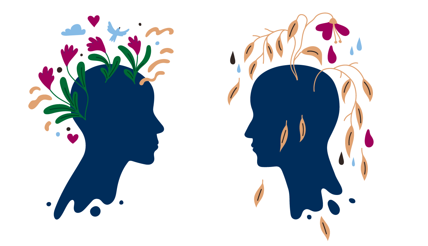 Illustration av två silhuetter, den ena med växande blommor och den andra med vissna.