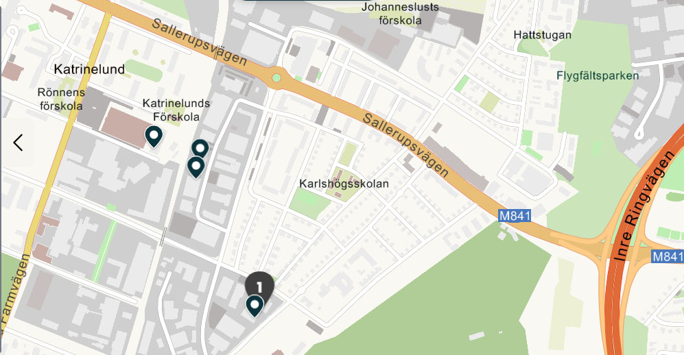 Skärmdump av utsnitt av Malmökarta som med siffran ett (1) visar var Kulturhuset Teamus ligger