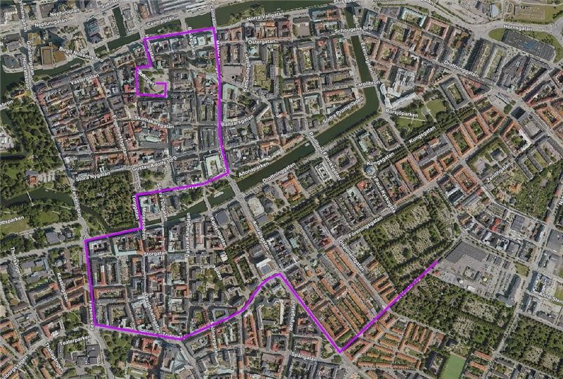 Karta som visar färdvägen för den juliga fordonsparaden.