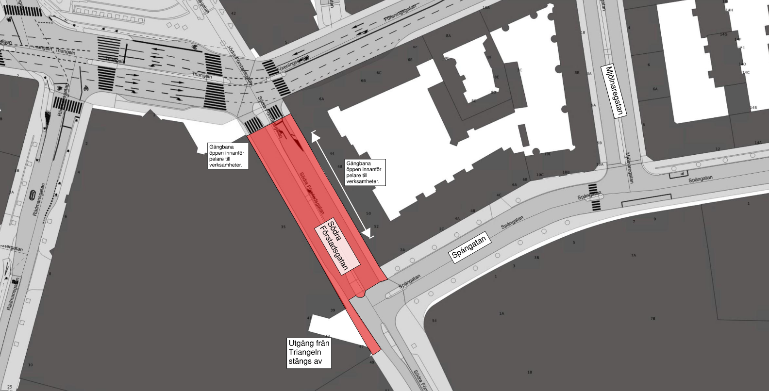 Bilden visar en karta där Södra Förstadsgatan är avstängd mellan Spångatan och Föreningsgatan.
