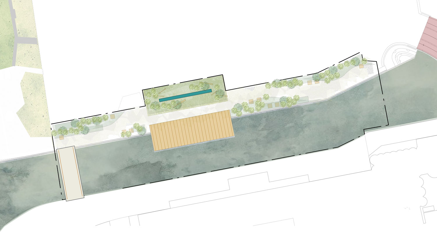 Illustration över planerad utveckling av Kaj 22 i Varvsstaden, med bro över Varvskanalen, soldäck vid vattnet och en park av motsvarande storlek.