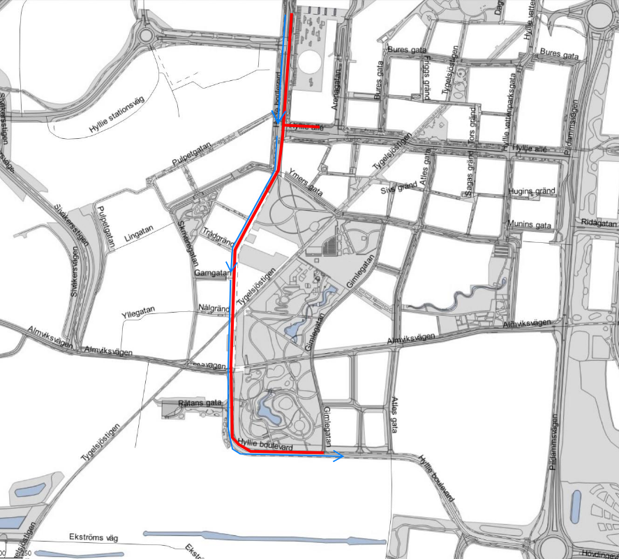 Bilden visar en karta där Hyllie Boulevard är avstängd i södergående riktning mellan Hyllie Stationsväg och Älmhultsgatan. Buss är omlagd till Arenagatan. Biltrafik leds i södergående riktning  Gående och cyklister kan passera arbetet i båda riktningarna enligt vägledning på plats.