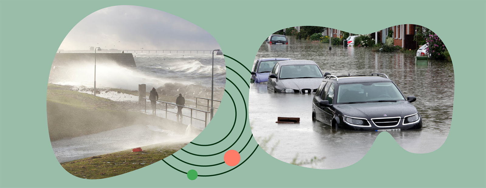 Två bilder i samma foto: Vid Scaniabadet var det kraftiga vindar och höga vattennivåer under stormen Sven och skyfallet Arvid orakade översvämningar och skador på många fastigheter. 