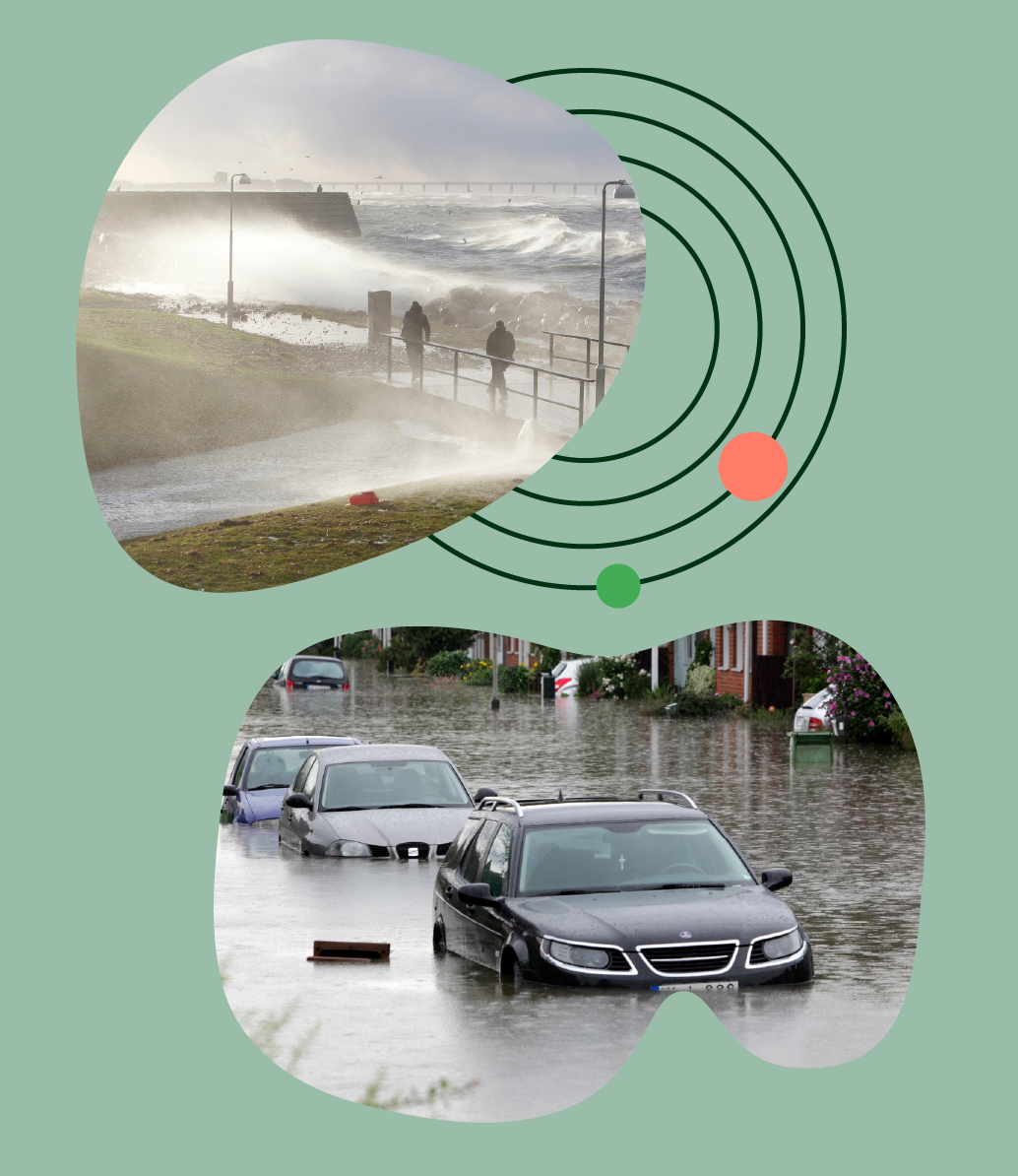 Två bilder i samma foto: Vid Scaniabadet var det kraftiga vindar och höga vattennivåer under stormen Sven och skyfallet Arvid orakade översvämningar och skador på många fastigheter. 