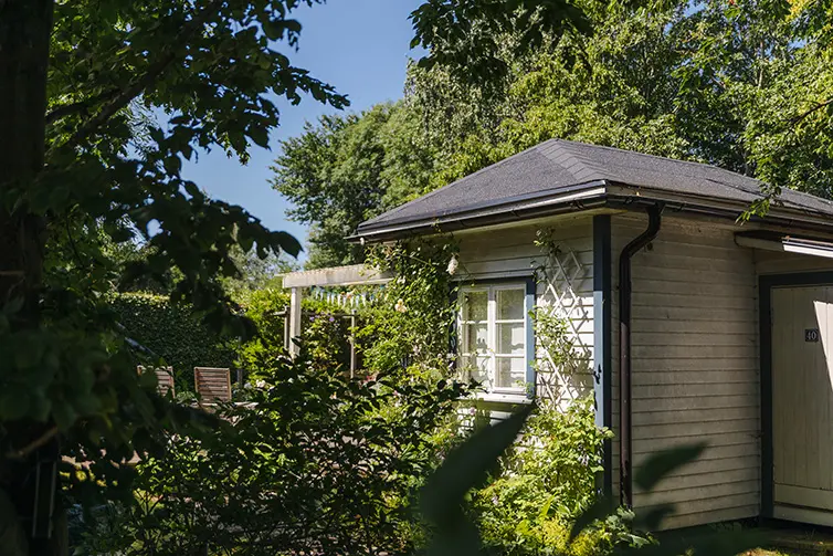 En röd kolonistuga i en grön trädgård på Flanbjärs koloniområde.