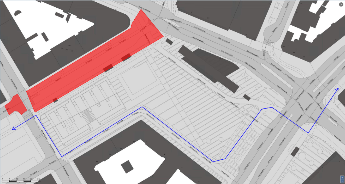 Bilden visar en karta där Kungsgatan är avstängd nära Värnhemstorget.