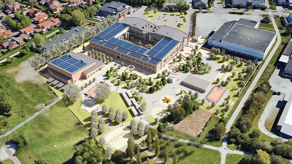 Arkitektritad konceptbild, taget ur fågelperspektiv, över Mälledalsskolan.