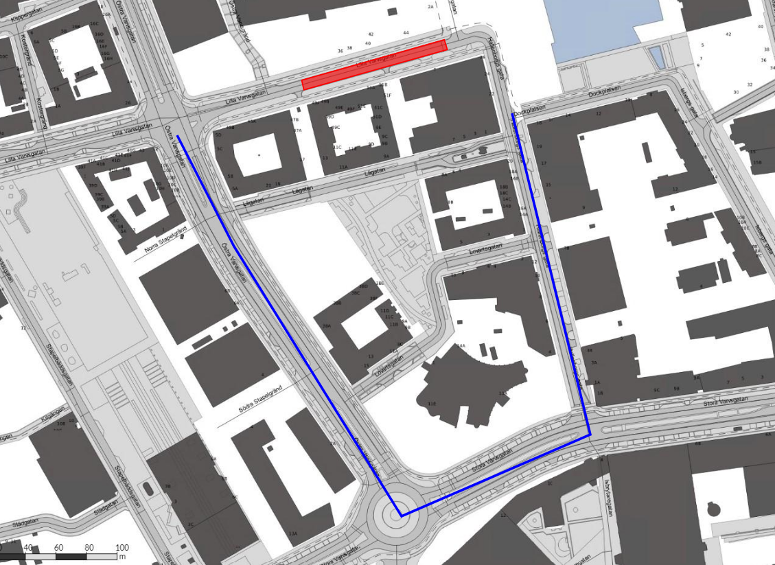 Bilden visar en karta där Lilla Varvsgatan är avstängd mellan Östra Varvsgatan och Hallenborgsgata. Alternativ väg förbi arbetet går via Östra Varvsgatan, Södra Varvsgatan och Hallenborgsgata.