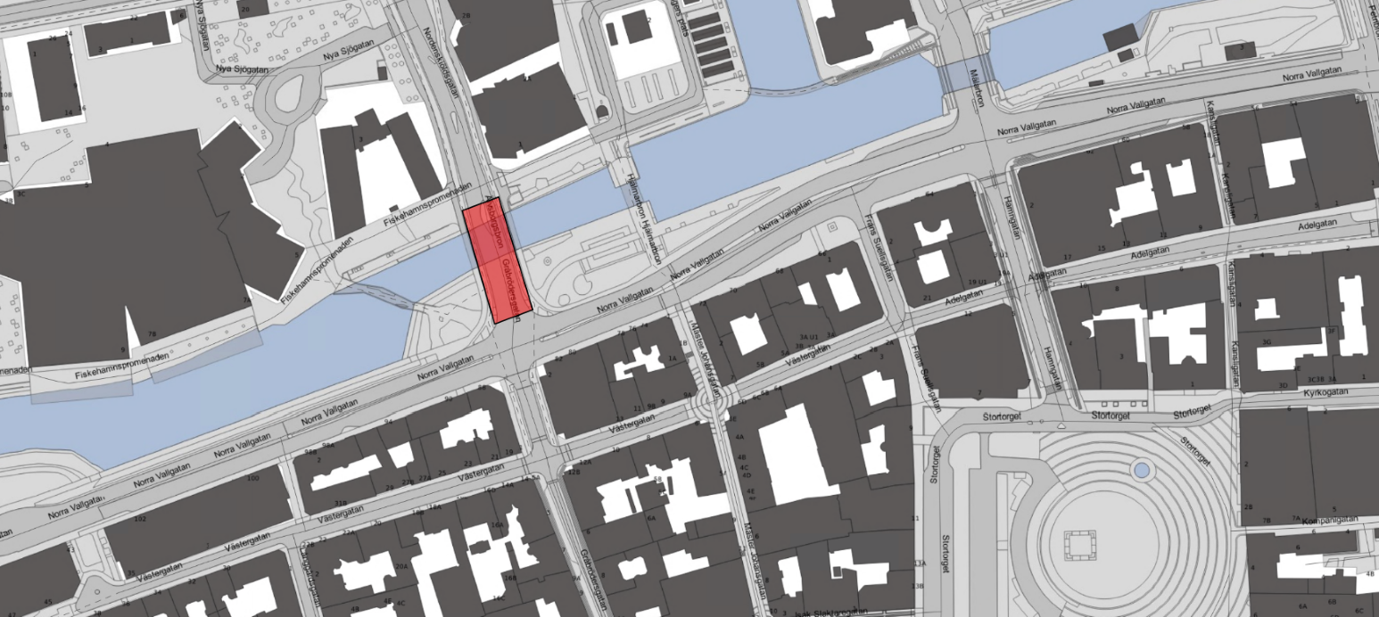 Kartbild visar avstängt arbetsområde på Gråbrödersgatan mellan Norra Vallgatan och Fiskehamnspromenaden.