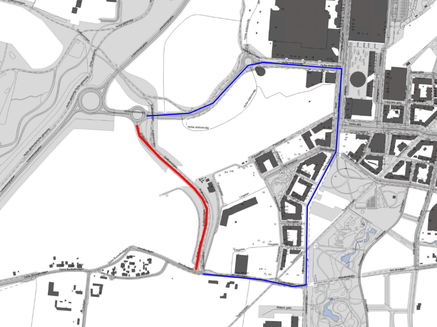 Karta över ett område i Hyllie som visar två vägsträckor markerade i färg. En röd linje markerar en sträcka från Hyllie stationsväg i norr till Annetorpsvägen i söder, via Sivåkersvägen. En blå linje markerar en alternativ rutt.
