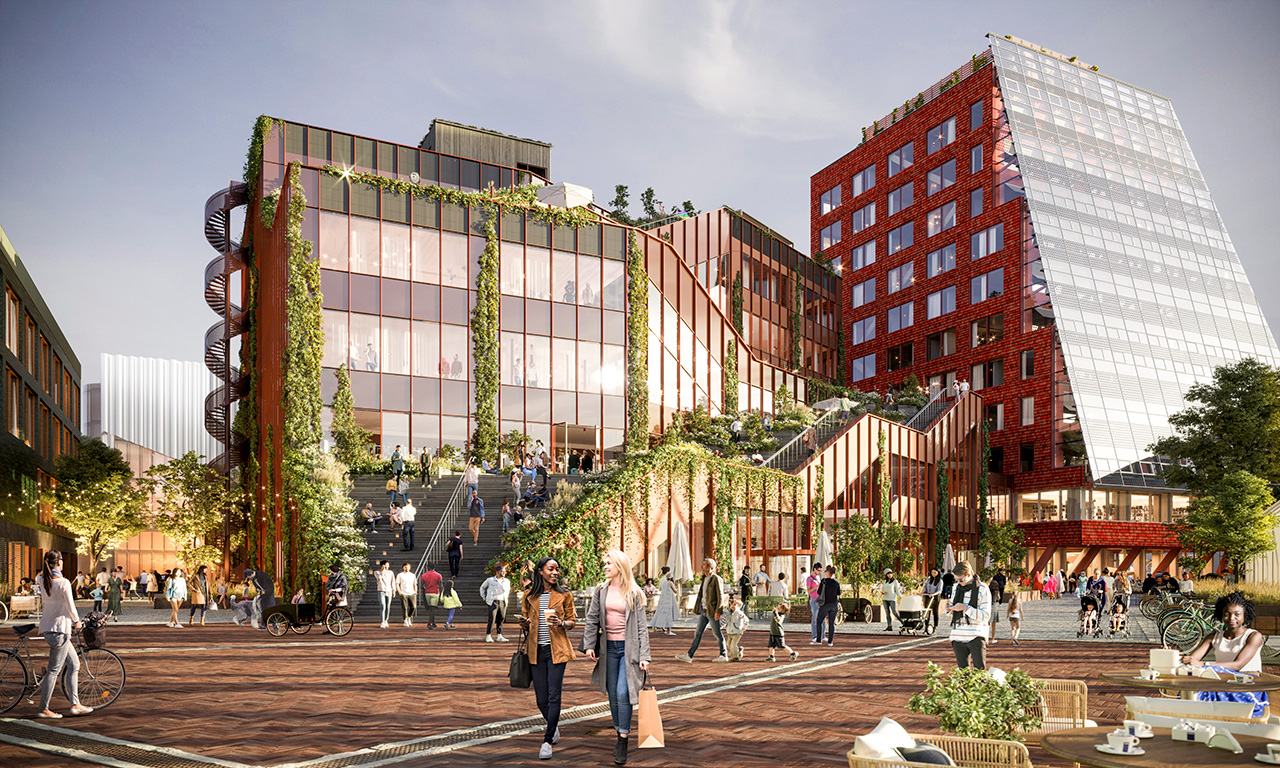Illustration med ett gatustensbelagt torg i förgrunden och blivande huskropparna Drivbänken och Fyrtornet i Embassy of Sharing i Hyllie t i bakgunden. 