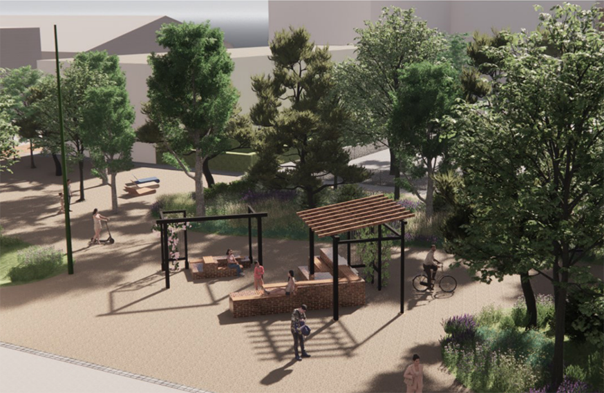 Arkitektritad konceptbild över Brännareparken.