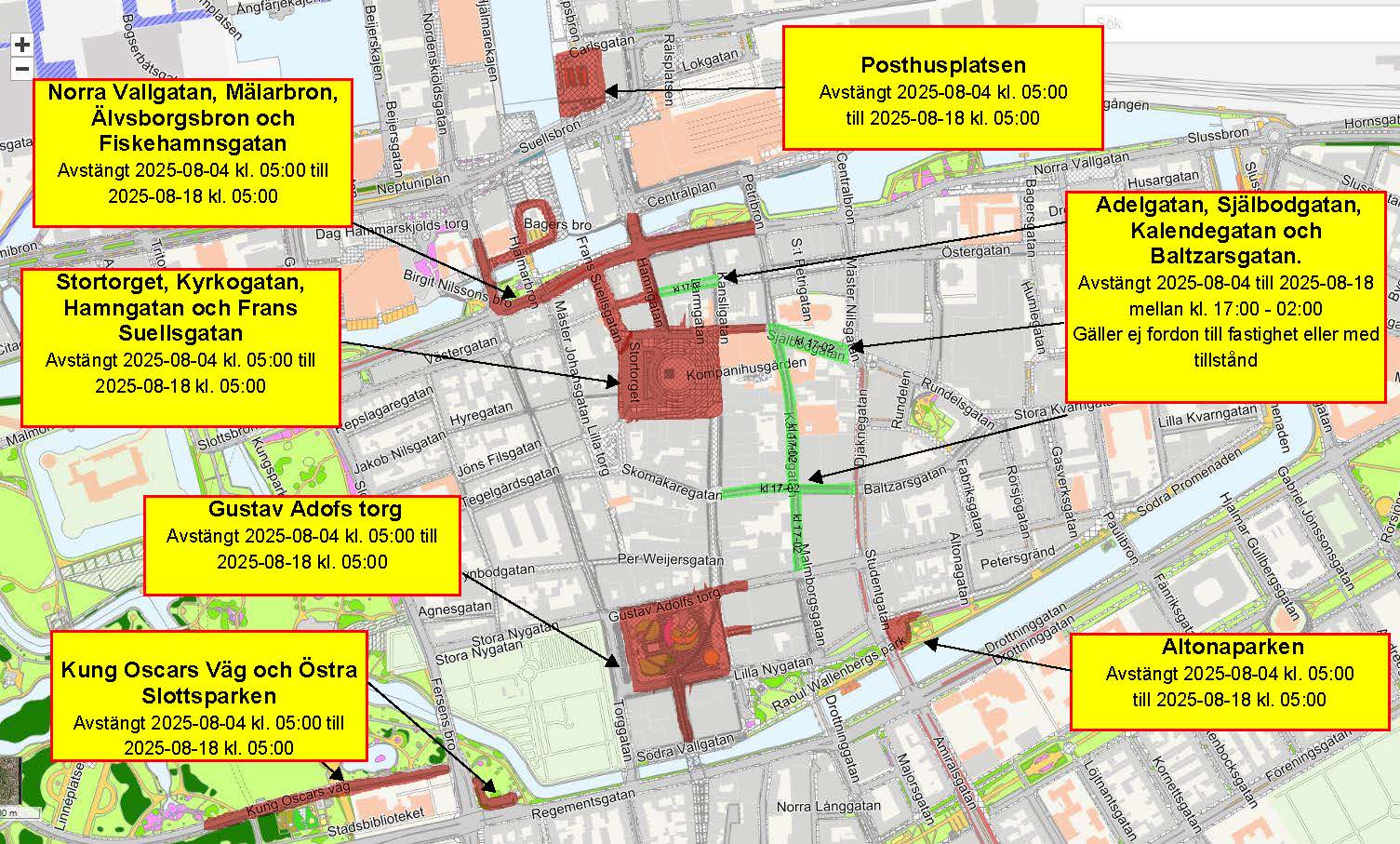 Karta över avstängda gator i Malmö med olika datum och perioder för avstängningarna.