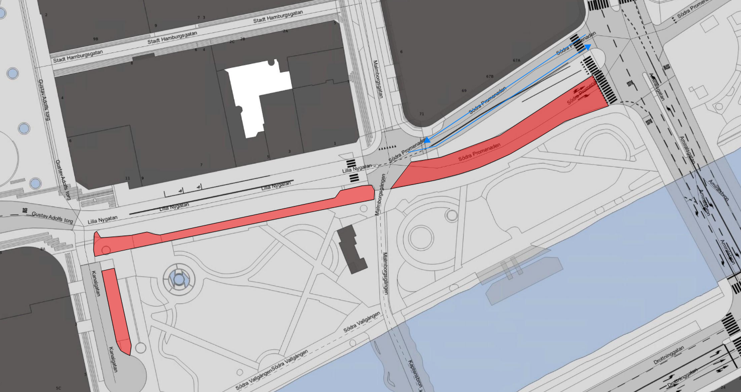 Bilden visar en karta med avstängningar längs Södra Promenaden och Lilla Nygatan mellan Amiralsgatan och Kanalgatan.