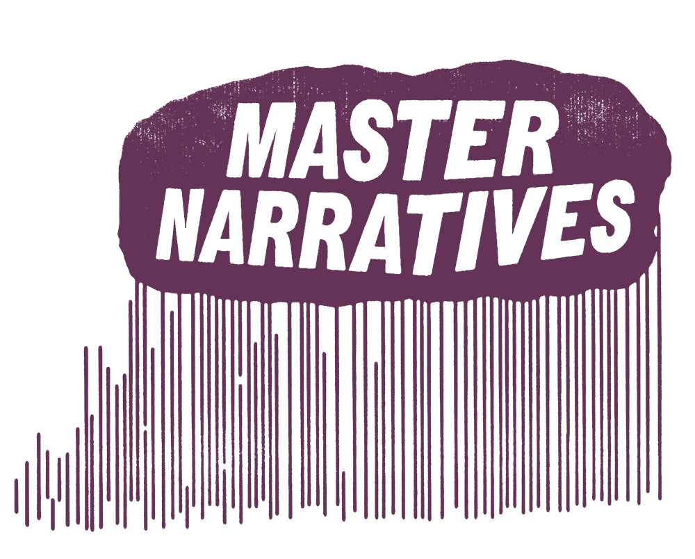 En grafisk konceptbild av verket "Master Narratives". Ett stort block av sten lyfts upp av en mängd tunna stavar. På stenen står texten "Master Narratives" skriven.