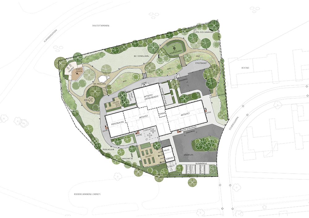 Arkiteksritad illustrationsplan sedd från ovan.