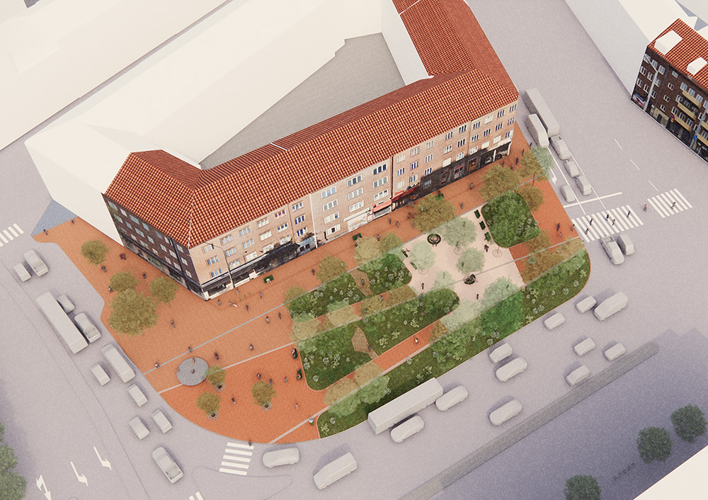 Arkiteksritad illustrationsplan sedd från ovan.
