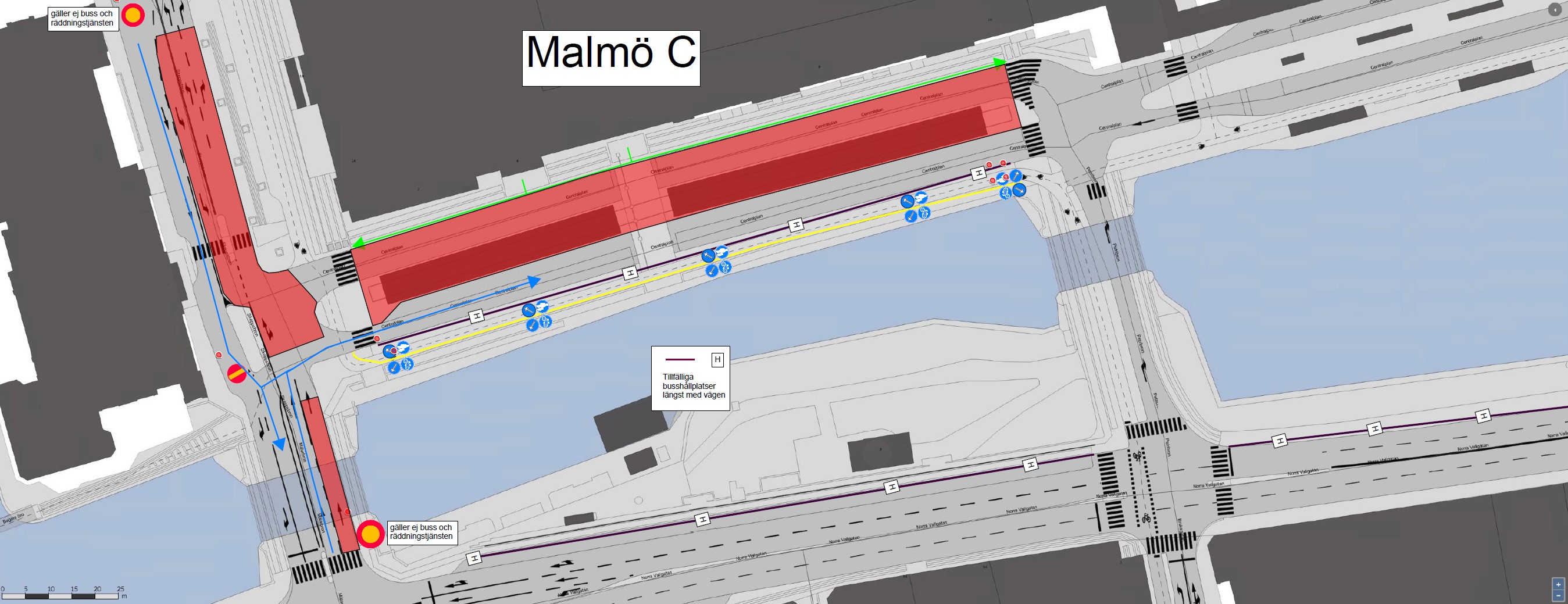 Bilden visar en karta med avstängt arbetsområde vid Malmö C. Gående hänvisas till befintliga övergångsställen på den östra och västra sidan av Centralplan.                                                