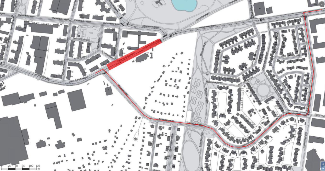Karta visar arbetsområdet på Södra Bulltoftavägen mellan Mölledalsgatan och Vattenverksvägen.
