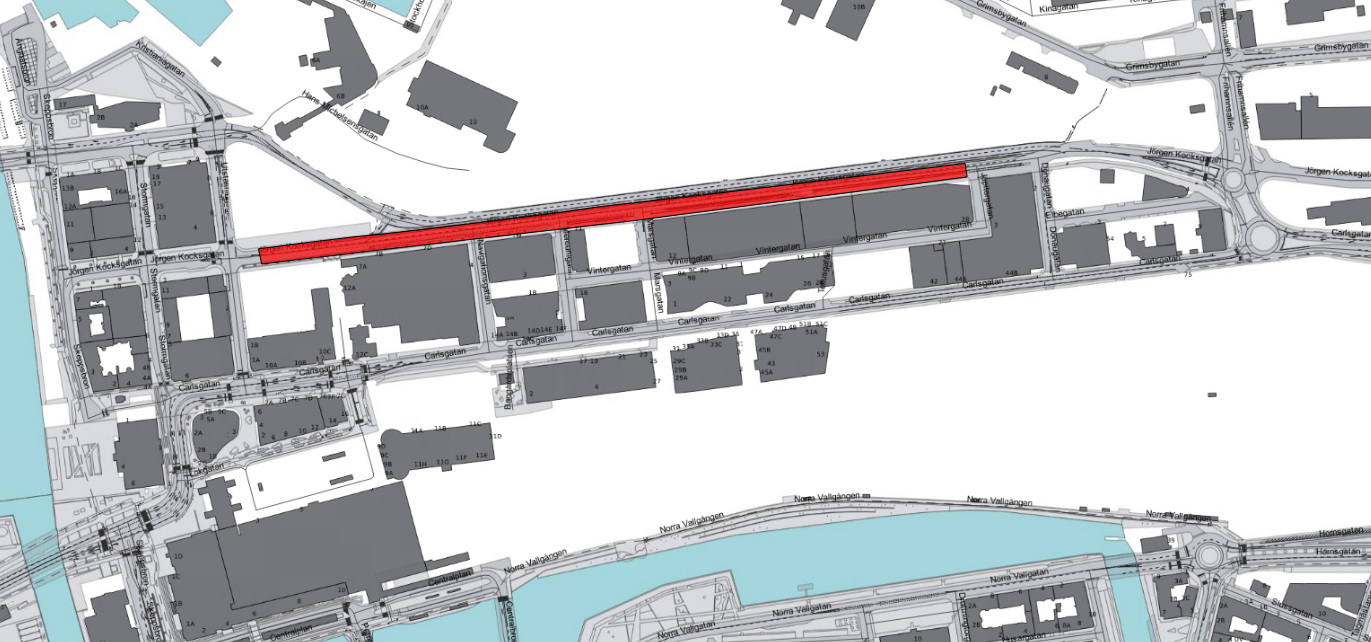 Bilden visar en avstängning på Jörgen Kocksgatan söder från Jupitergatan till Navigationsgatan den 7 april till den 30 december 2025.