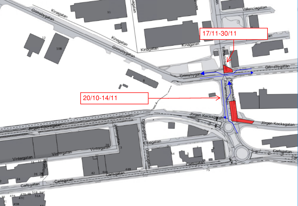 Bilden visar en karta med punktarbeten Frihamnsallen 20/10- 14/11 och Grimsbygatan 17/11- 30/11 som delvis är avstängda i etapper.
